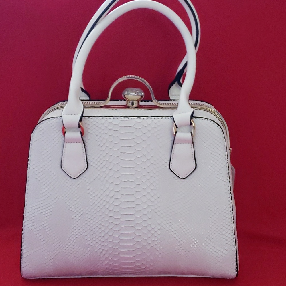 White Leather Handbag - Python Embossed